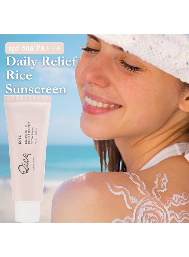 ك أو إي سي واقي الشمس بمستخلصات البروبيوتيك من الأرز SPF 50 PA، خلاصة الأرز الطبيعية، واقي الشمس اليومي للبروبيوتيك من الأرز للوجه، كريم الشمس لتخفيف البشرة للوجه PA، مرطب وجه خفيف وغير دهني SPF 50، 50مل - Image 2