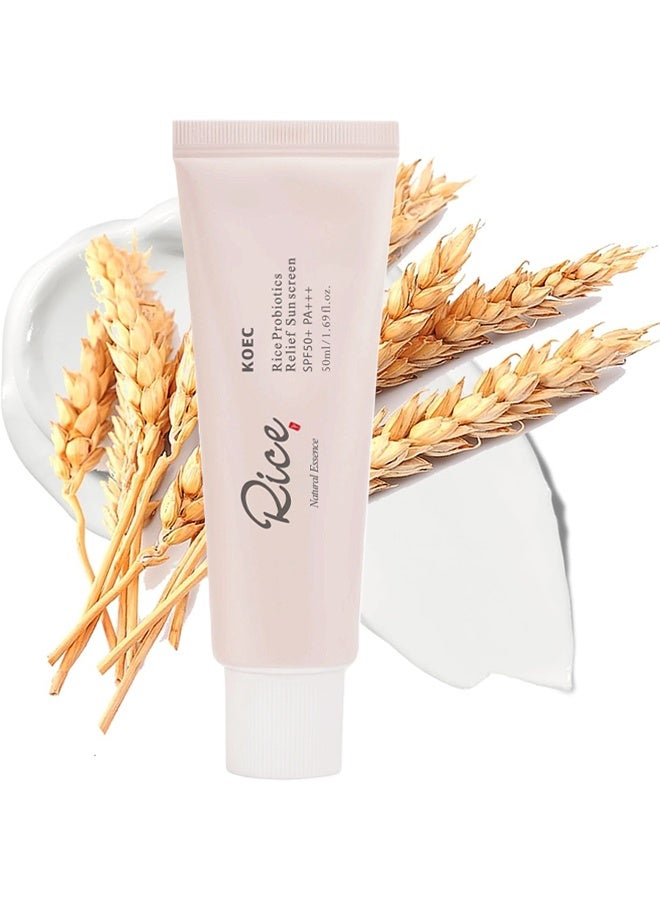 ك أو إي سي واقي الشمس بمستخلصات البروبيوتيك من الأرز SPF 50 PA، خلاصة الأرز الطبيعية، واقي الشمس اليومي للبروبيوتيك من الأرز للوجه، كريم الشمس لتخفيف البشرة للوجه PA، مرطب وجه خفيف وغير دهني SPF 50، 50مل - Image 1