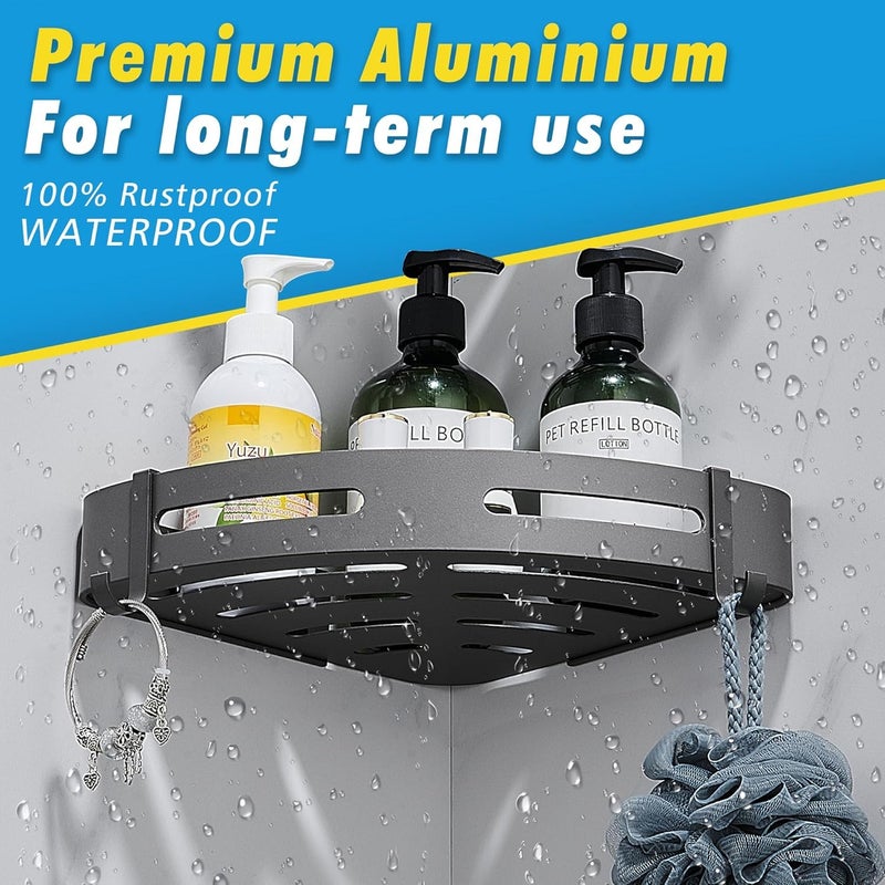 SHUTTLE ART 1 Pack Black Triangle Corner Shower Shelf Punch-Free Bathroom Shelf Shower Storage Basket with Hooks Corner Shower Shelf Wall Mounted Shower Storage for Kitchen & Bathroom Organiser - Image 5