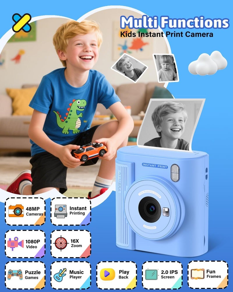 Mgaolo Kids Camera with Instant Print, Thermal Printing Digital Camera Gift for 3-12 Years Old Children, Safe Ink-free Design, Toy for Creativity & Learning (Blue) - Image 2