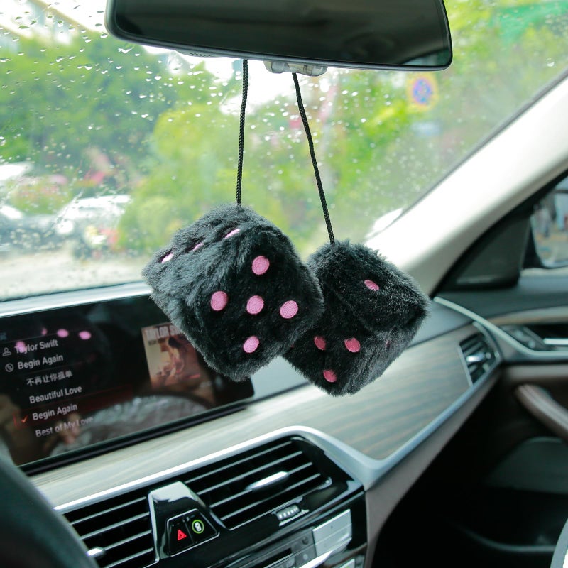 YGMONER Black Fuzzy Dice for Car Rear View Mirror, Pair of 2.75" Plush Dice Retro Hanging Ornaments Car Interior Rearview Mirror Decor Accessories (Black with Pink Embroidered Dots) - Image 2