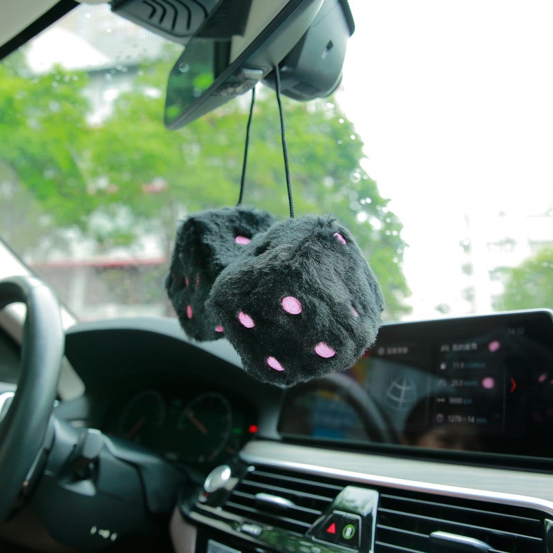 YGMONER Black Fuzzy Dice for Car Rear View Mirror, Pair of 2.75" Plush Dice Retro Hanging Ornaments Car Interior Rearview Mirror Decor Accessories (Black with Pink Embroidered Dots) - Image 3