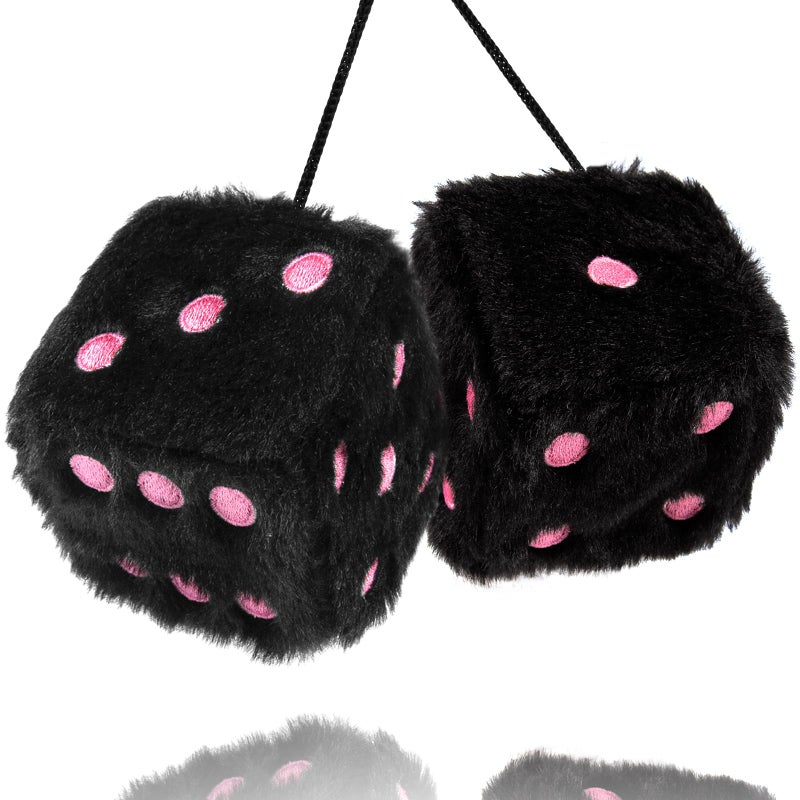 YGMONER Black Fuzzy Dice for Car Rear View Mirror, Pair of 2.75" Plush Dice Retro Hanging Ornaments Car Interior Rearview Mirror Decor Accessories (Black with Pink Embroidered Dots) - Image 1