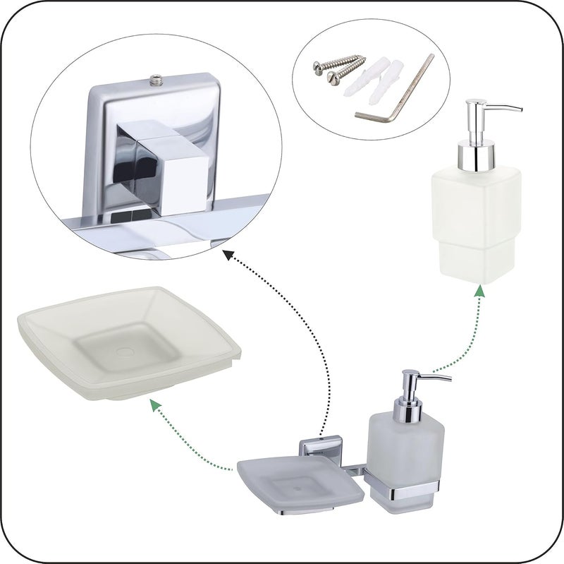 KANJAL Liquid soap Dispenser with soap case Holder for washbasin Liquid Dispenser and saop Dish for Bathroom soap Holders dispensers LX27304 Stainless SteelChrome FinishFrosted Glass - Image 5