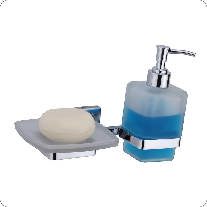 KANJAL Liquid soap Dispenser with soap case Holder for washbasin Liquid Dispenser and saop Dish for Bathroom soap Holders dispensers LX27304 Stainless SteelChrome FinishFrosted Glass - Image 2