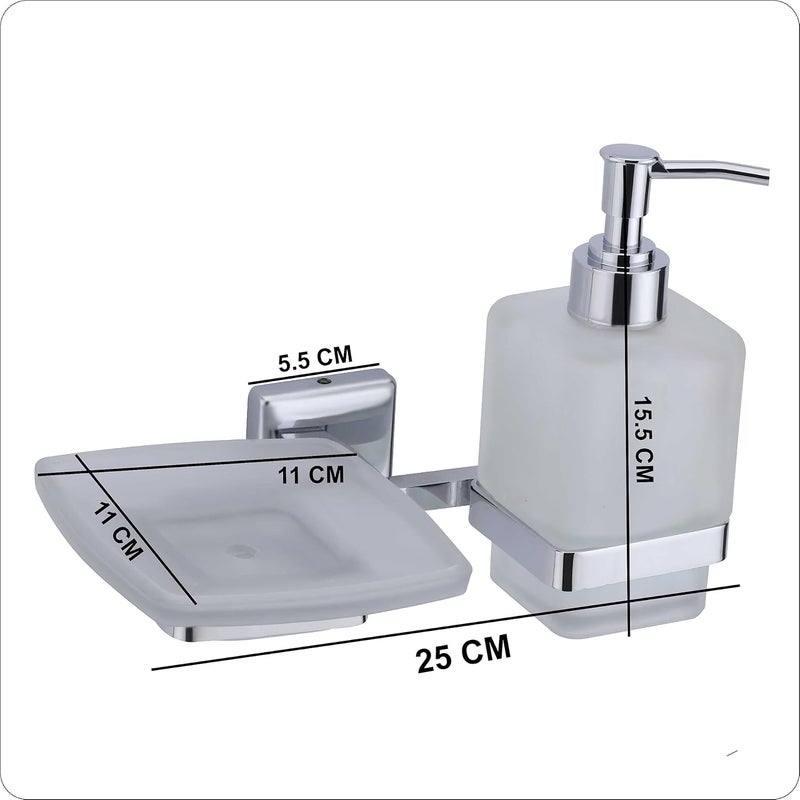 KANJAL Liquid soap Dispenser with soap case Holder for washbasin Liquid Dispenser and saop Dish for Bathroom soap Holders dispensers LX27304 Stainless SteelChrome FinishFrosted Glass - Image 3