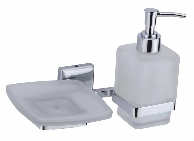 KANJAL Liquid soap Dispenser with soap case Holder for washbasin Liquid Dispenser and saop Dish for Bathroom soap Holders dispensers LX27304 Stainless SteelChrome FinishFrosted Glass - Image 4