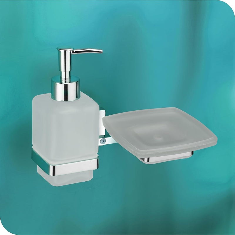 KANJAL Liquid soap Dispenser with soap case Holder for washbasin Liquid Dispenser and saop Dish for Bathroom soap Holders dispensers LX27304 Stainless SteelChrome FinishFrosted Glass - Image 1