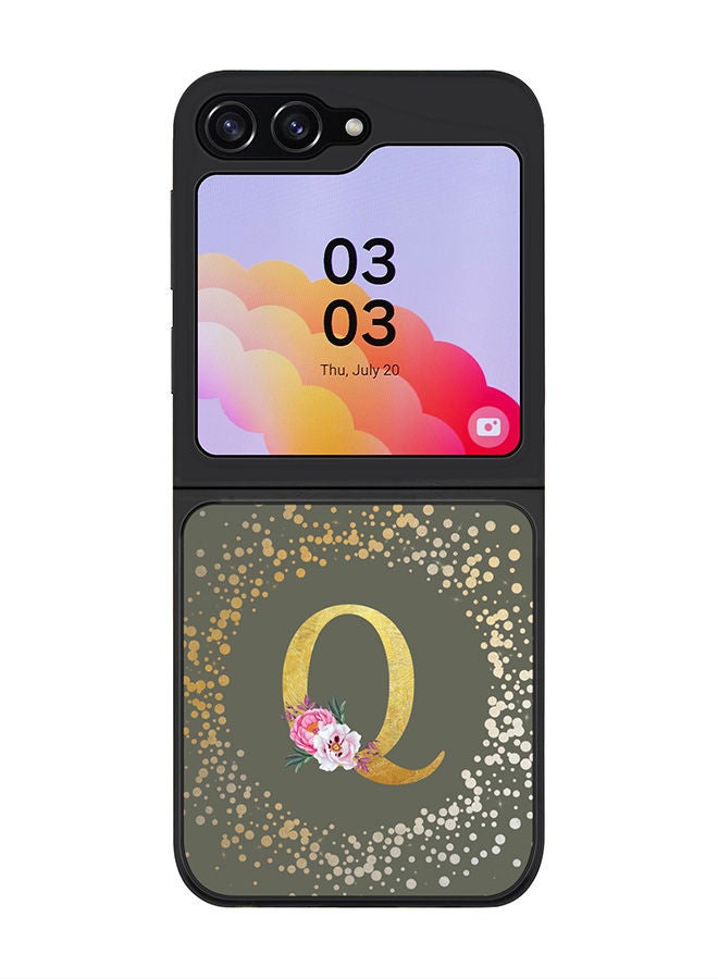 Stylizedd Rugged Black edge case for Samsung Galaxy Z Flip5, Slim fit Soft Case Flexible Rubber Edges Anti Drop TPU Gel Thin Cover -  Custom Monogram Initial Letter Floral Pattern Alphabet - Q  (Olive Green ) - Image 1
