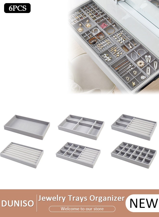 DUNISO Velvet Jewelry Trays Organizer for Drawers, Closet Drawer Accessories Tray Set of 6 Drawer Organizer for Earring, Ring, Stackable Jewelry Organizer Trays, Display Organizer Necklace Storage Showcase Bracelet Removable Tray - Image 1