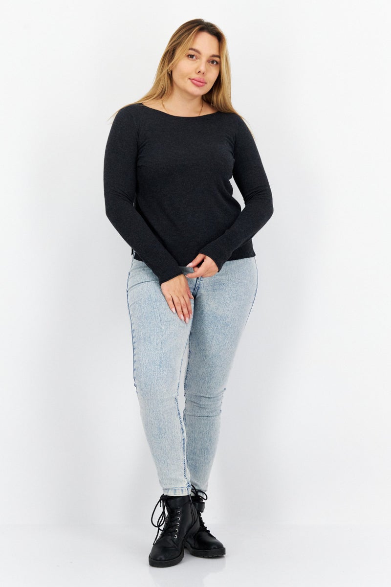 COMMA Women Crew Neck Long Sleeve Heather Top, Charcoal - Image 3