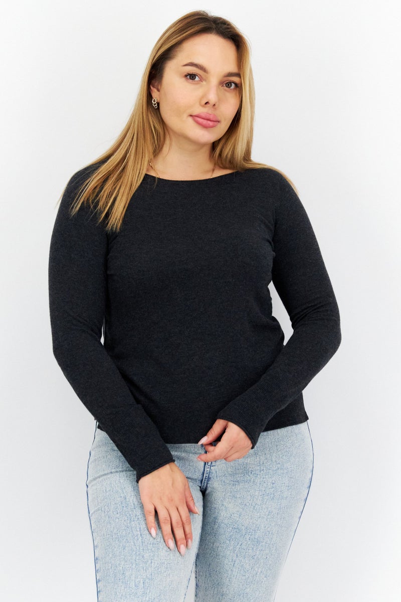 COMMA Women Crew Neck Long Sleeve Heather Top, Charcoal - Image 1