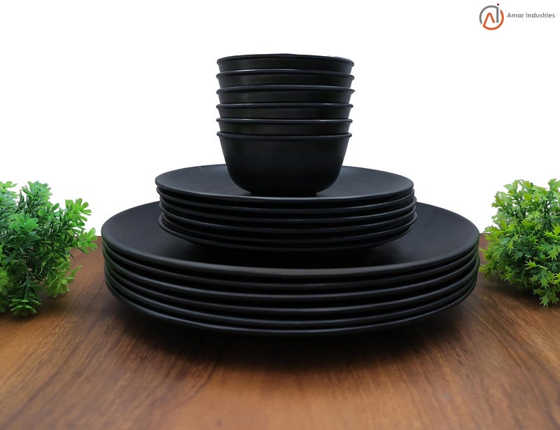 Amar Industries Melamine Dinner Set Elegant Unabreakable Matte Black Spiral Design Full Plates Half Plates with Bowl Set of 18 - Image 3