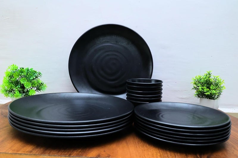Amar Industries Melamine Dinner Set Elegant Unabreakable Matte Black Spiral Design Full Plates Half Plates with Bowl Set of 18 - Image 4