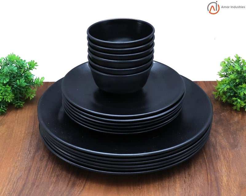 Amar Industries Melamine Dinner Set Elegant Unabreakable Matte Black Spiral Design Full Plates Half Plates with Bowl Set of 18 - Image 2
