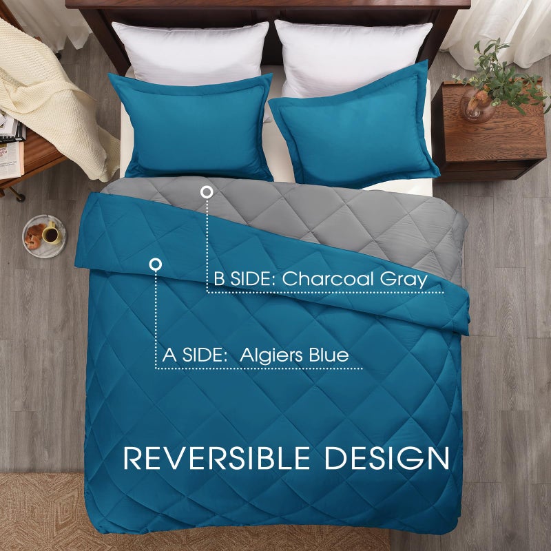 Basic Beyond Queen Comforter Set - Blue Comforter Set Queen, Reversible Bed Comforter Queen Set for All Seasons, Algiers Blue/Charcoal Gray, 1 Comforter (88"x92") and 2 Pillow Shams (20"x26"+2") - Image 3