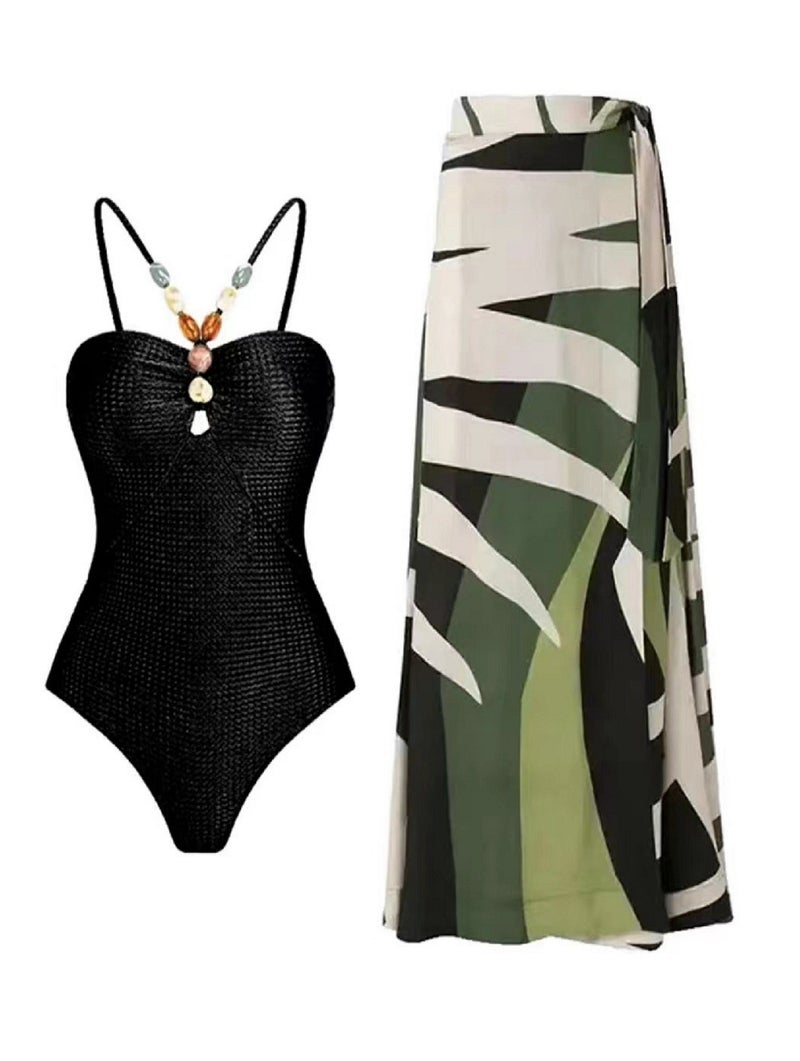 6 Colors] New 2024 One-Piece Swimsuit Retro Beaded Southeast Asian Beach Dress Suit Slimming Texture - Image 1