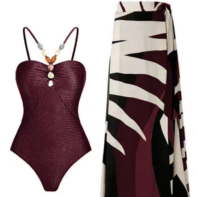 6 Colors] New 2024 One-Piece Swimsuit Retro Beaded Southeast Asian Beach Dress Suit Slimming Texture - Image 3