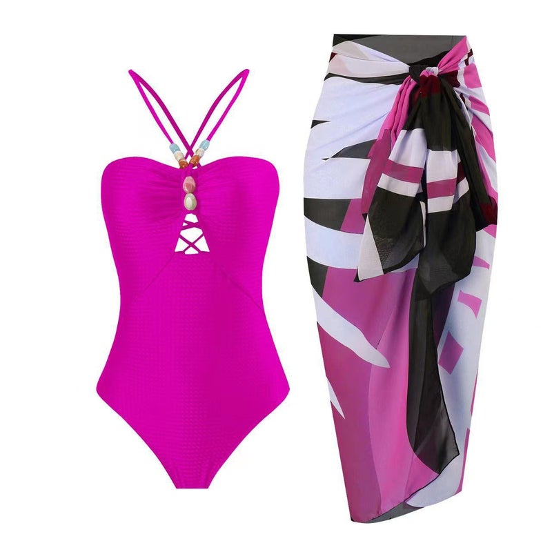 6 Colors] New 2024 One-Piece Swimsuit Retro Beaded Southeast Asian Beach Dress Suit Slimming Texture - Image 2