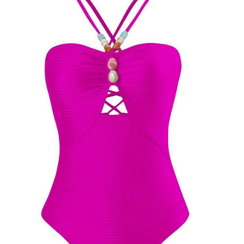 6 Colors] New 2024 One-Piece Swimsuit Retro Beaded Southeast Asian Beach Dress Suit Slimming Texture - Image 5