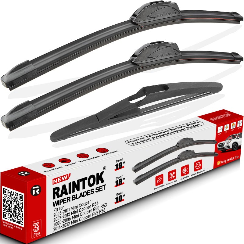 RAINTOK Windshield Wiper Blade Set Replacement for 2006-2011 Mini Cooper and Rear Windshield Wiper Blade-19"/18"/10" (Set of 3) U/J HOOK - Image 1