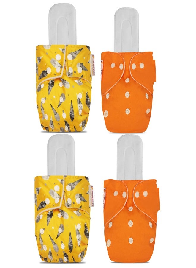 IMPROVUS 100% Cloth Diapers for Babies (0-3 Years), Reusable, Washable & Adjustable Nappies Snap Buttons and Wet-Free Insert Pads (Yellow & Orange MC pack of 4 cloth diaper and 2 insert pads) - Image 1