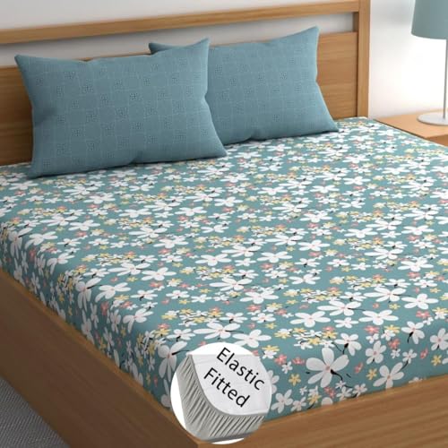 LOOMLYFE 300 TC Cotton Feel Glace Cotton Elastic Fitted Printed Queen Size Double Bed Bedsheet with 2 Pillow Covers Fits Upto 8 inches,Size- 60x78x10 Inches, SkyBlueFlower - Image 1