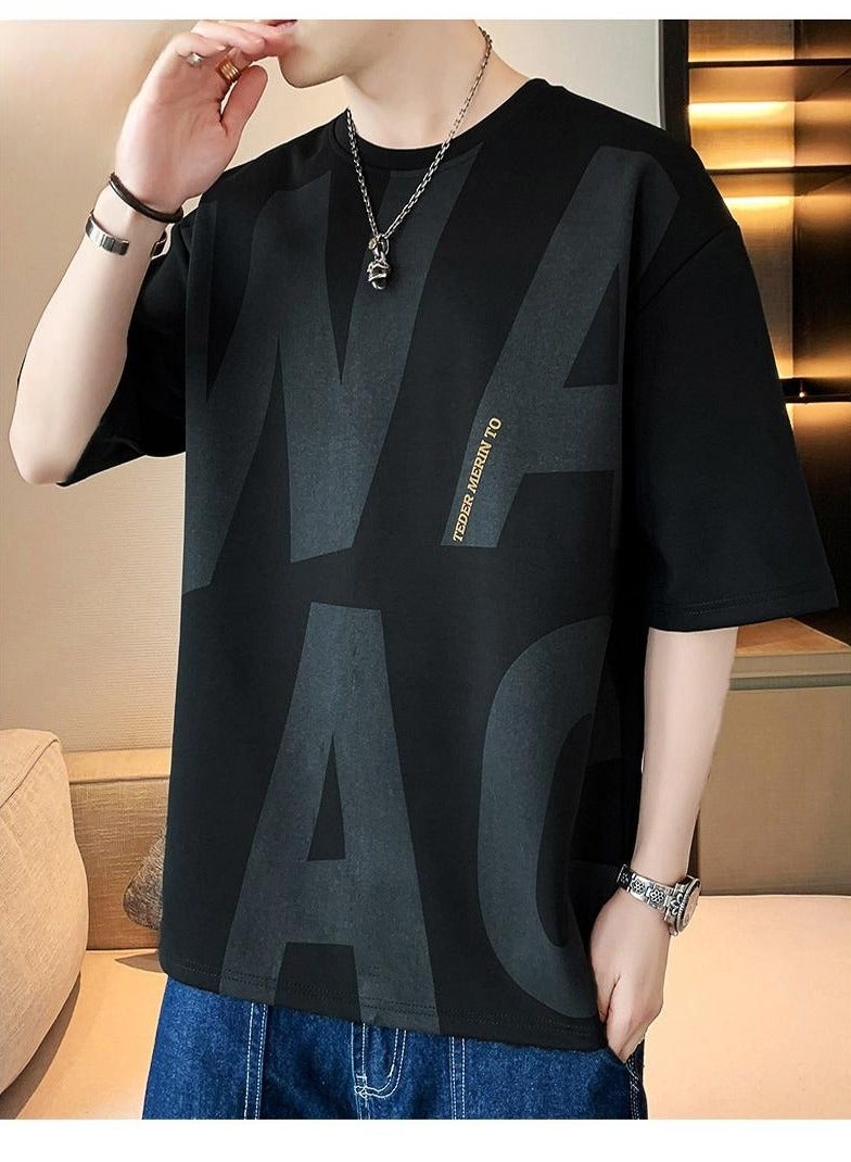 Large Size Fashionable Men's Letter Printed Round Neck T-shirt  - Image 1