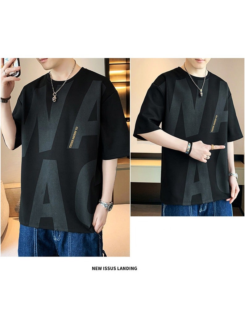 Large Size Fashionable Men's Letter Printed Round Neck T-shirt  - Image 2