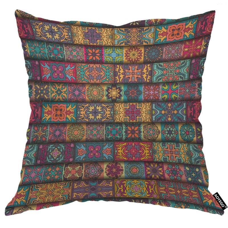 AOYEGO Bohemian Throw Pillow Cover Patchwork Floral Collage Ethnic Colorful Tribal Flower Pattern Pillow Case 18x18 Inch Decorative Men Women Room Cushion Cover for Home Couch Bed - Image 1