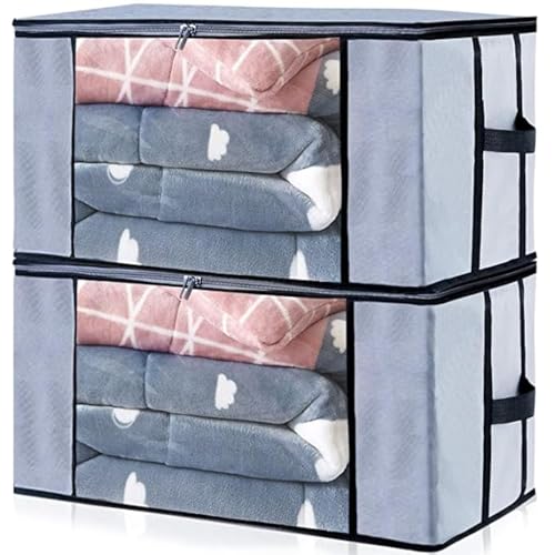 ACORMEK Underbed Blanket Storage Bag for Wardrobe Organizer Blanket Cover with a large Transparent Window & Side Handles Zipper Closure Protect from Dust(Pack of 2, Grey, Non-Woven) - Image 1