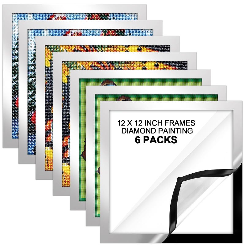 Macarrie 6 Pcs Diamond Art Frames Magnetic Picture Frame 12 x 12 Inch Frames for Diamond Painting Pictures Self-adhesive Diamond Art Frames Painting Frames for Wall Window Home Office Photo (Silver) - Image 1
