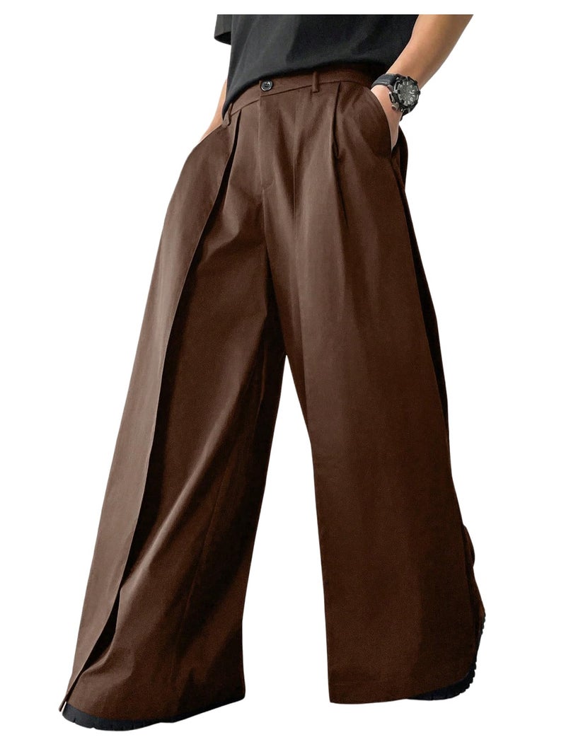 OYOANGLE Men's Baggy Wide Leg Pants Zipper Fly Pleated Trousers Business Casual Dress Pants with Pocket Brown Small - Image 1