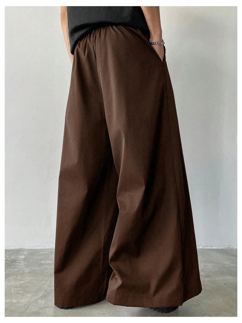 OYOANGLE Men's Baggy Wide Leg Pants Zipper Fly Pleated Trousers Business Casual Dress Pants with Pocket Brown Small - Image 2
