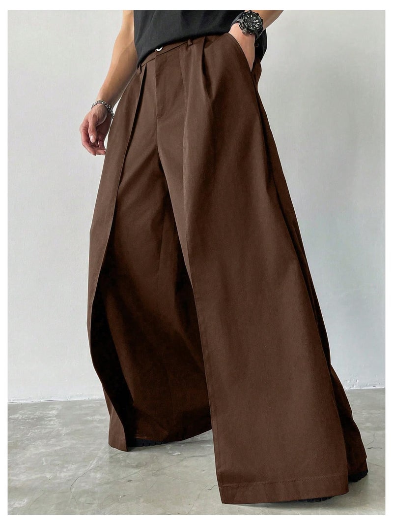 OYOANGLE Men's Baggy Wide Leg Pants Zipper Fly Pleated Trousers Business Casual Dress Pants with Pocket Brown Small - Image 4