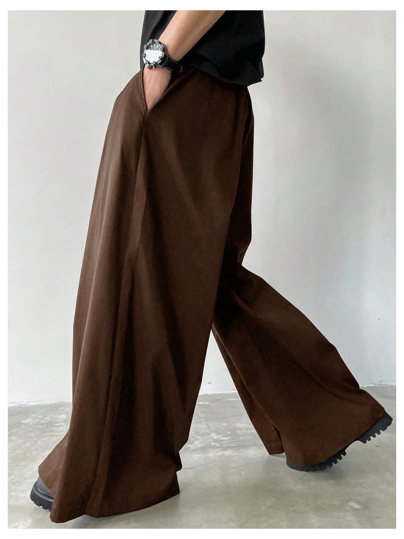 OYOANGLE Men's Baggy Wide Leg Pants Zipper Fly Pleated Trousers Business Casual Dress Pants with Pocket Brown Small - Image 3
