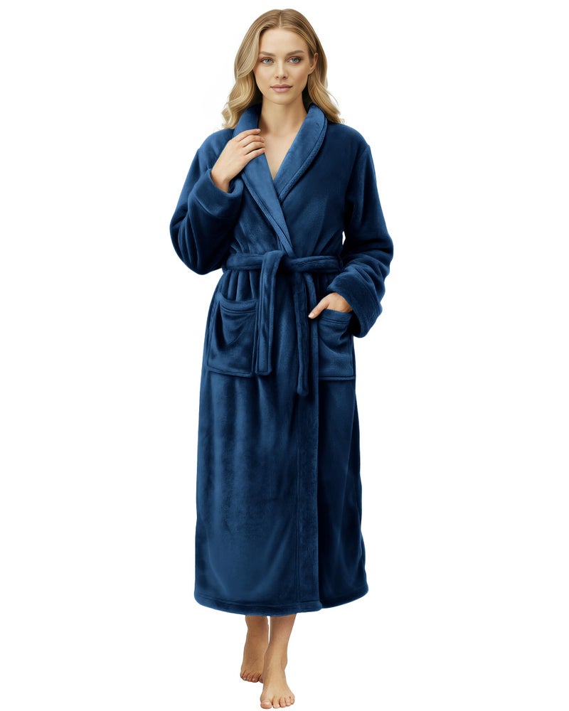 NY Threads Premium Women's Robe Plush Soft Long Bathrobe Warm Fleece Shawl Collar Spa Robe (Large, Navy) - Image 1