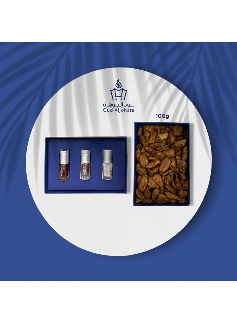 عود الجوهرة  باقة التميز تحتوي على ١٠٠ جرام عود موروكي، ٣ مل مسك أبيض، ٣ مل دهن الورد الفاخر  و ٣ مل مخلط ملكي - Image 1