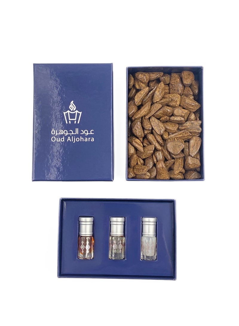 عود الجوهرة  باقة التميز تحتوي على ١٠٠ جرام عود موروكي، ٣ مل مسك أبيض، ٣ مل دهن الورد الفاخر  و ٣ مل مخلط ملكي - Image 2