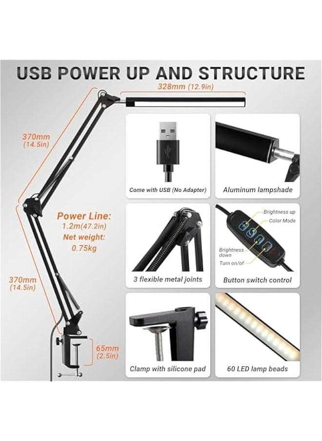 HOOKOR LED Desk Lamp with Clamp Swing Arm Desk lamp 360° Adjustable Eye-Caring Desk Light 3 Color Modes 10 Brightness Levels Memory Function Architect Table Desk Lamps for Home Office,Reading  - Image 2