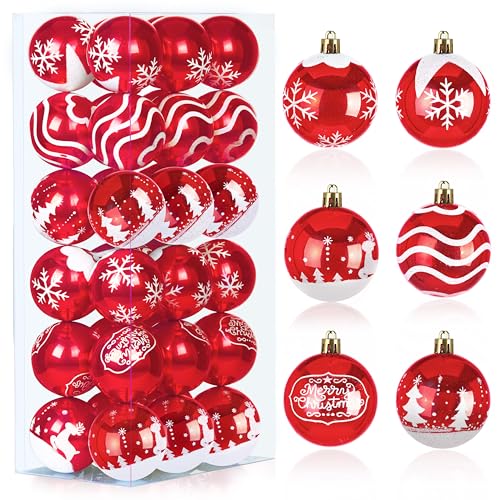 Joiedomi 36 Pcs Red Christmas Ball Ornaments Set 23 Christmas Painting Glittering Tree Hanging Decoration Xmas Shatterproof Indoor Decoration for Tree Wreath Holidays Party Supplies