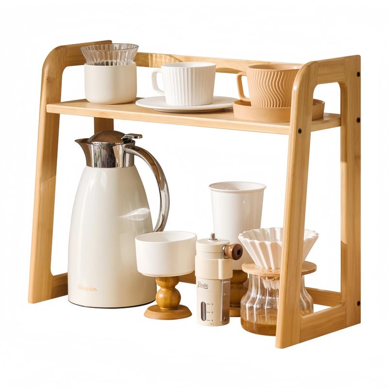 XIKEMADI Natural Bamboo Coffee Station Organizer, 2-Tier Wooden Kitchen Counter Shelf for Bar Accessories, Multi-Functional Countertop Storage Rack for Syrup Bottles & Coffee Essentials (Natural Bamboo) - Image 1