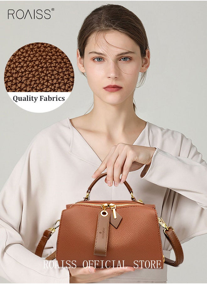 roaiss - Women's New Fashion Bags Soft Leather Simple Classic Crossbody Bag Double Layer Compartment Zippers Closure Handbag Boston Bag - Image 1