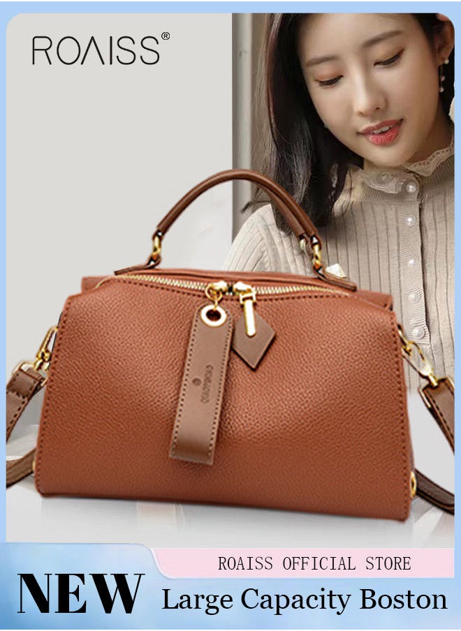 roaiss - Women's New Fashion Bags Soft Leather Simple Classic Crossbody Bag Double Layer Compartment Zippers Closure Handbag Boston Bag - Image 1