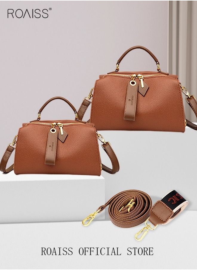 roaiss - Women's New Fashion Bags Soft Leather Simple Classic Crossbody Bag Double Layer Compartment Zippers Closure Handbag Boston Bag - Image 1