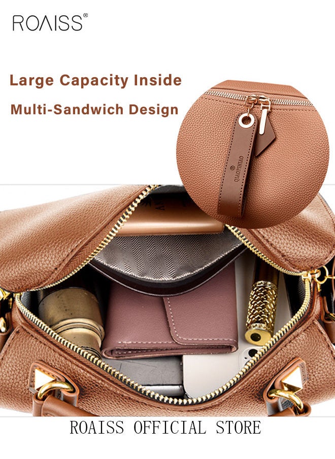 roaiss - Women's New Fashion Bags Soft Leather Simple Classic Crossbody Bag Double Layer Compartment Zippers Closure Handbag Boston Bag - Image 1