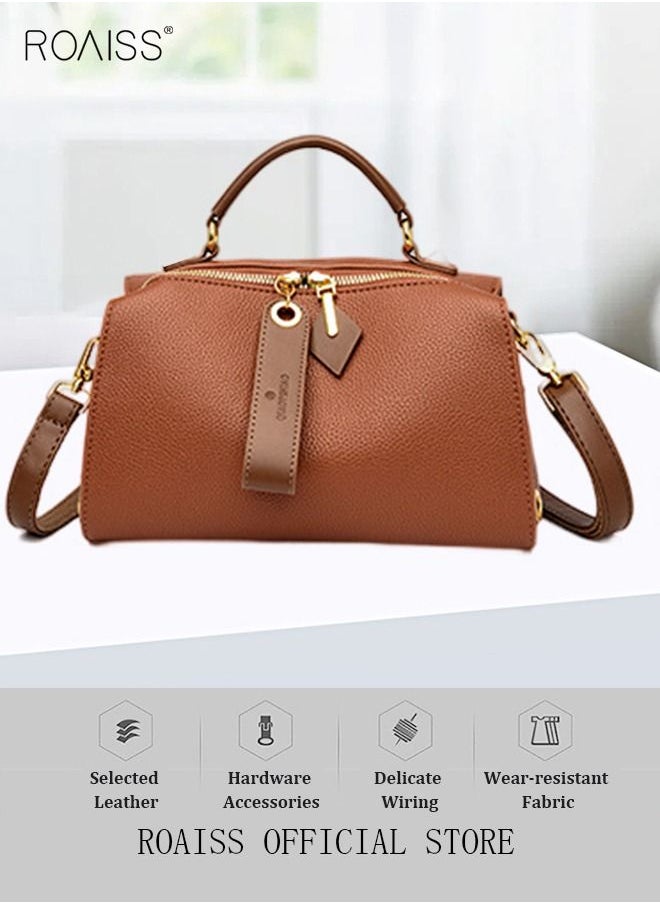 roaiss - Women's New Fashion Bags Soft Leather Simple Classic Crossbody Bag Double Layer Compartment Zippers Closure Handbag Boston Bag - Image 1