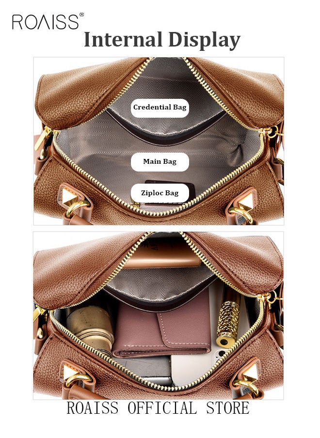 roaiss - Women's New Fashion Bags Soft Leather Simple Classic Crossbody Bag Double Layer Compartment Zippers Closure Handbag Boston Bag - Image 1