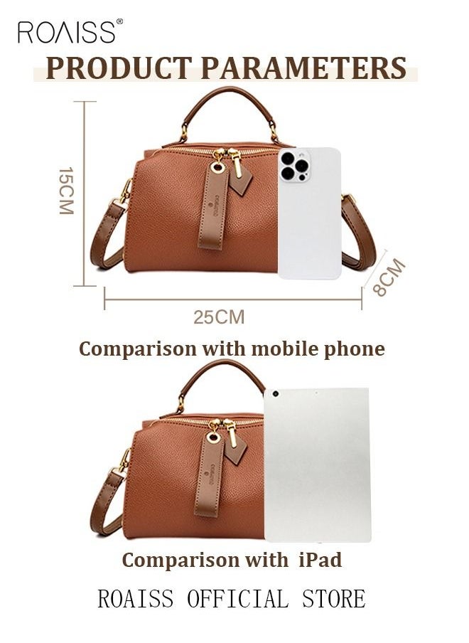 roaiss - Women's New Fashion Bags Soft Leather Simple Classic Crossbody Bag Double Layer Compartment Zippers Closure Handbag Boston Bag - Image 1