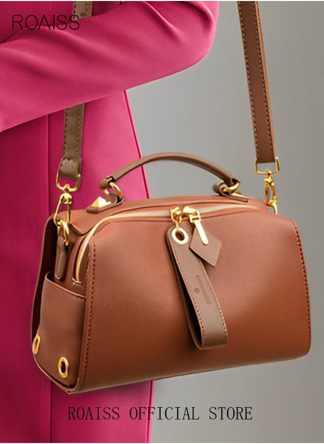 roaiss - Women's New Fashion Bags Soft Leather Simple Classic Crossbody Bag Double Layer Compartment Zippers Closure Handbag Boston Bag - Image 1